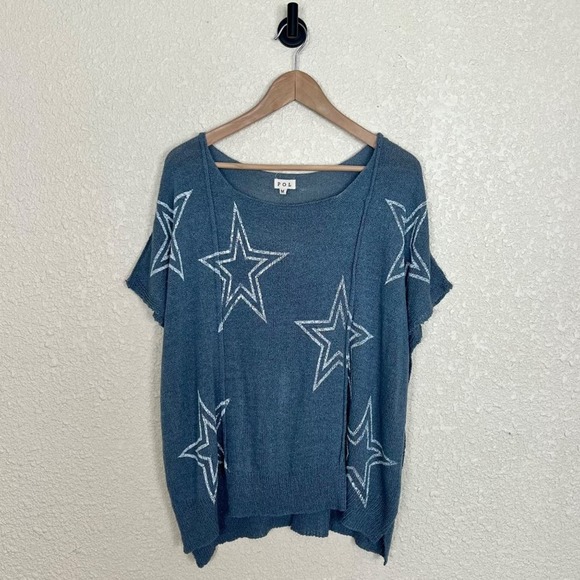 POL Star Knit Sweater Womens Medium Blue White Lightweight Short Sleeve - Picture 4 of 9